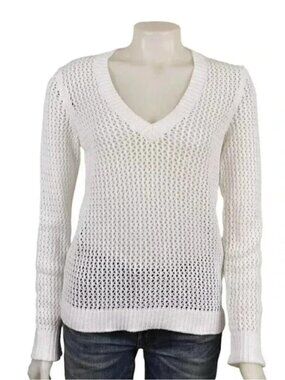 Tommy Hilfiger Open Knit Sweater White V-Neck Sheer  Cotton Size Large